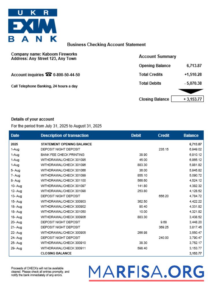 Realistic Ukrainian Ukreximbank business checking account statement Word and PDF template